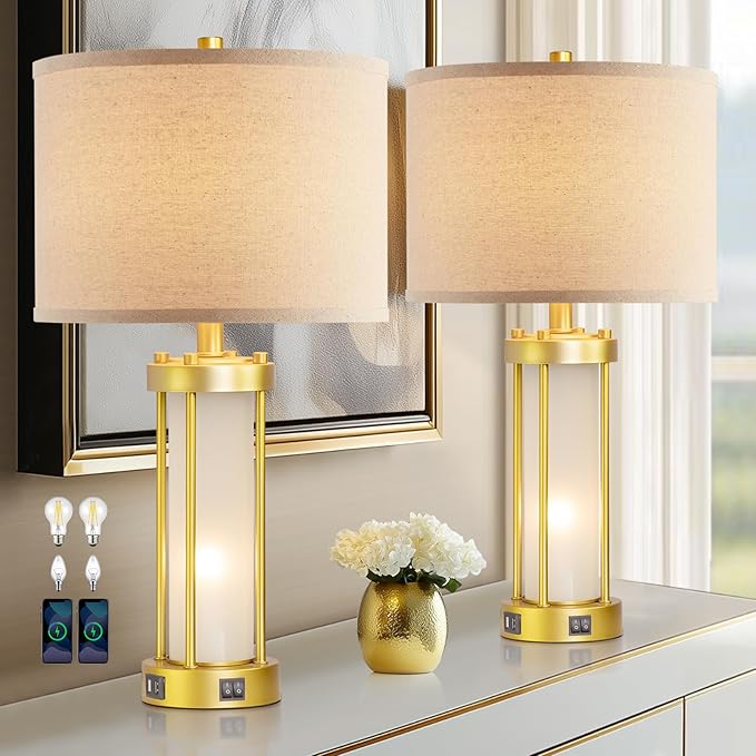RORIA Modern Table Lamps for Living Room Set of 2, Farmhouse Bedroom Lamps for Nightstands with Dual USB Ports, Gold Bedside Lamps with White Frosted Glass Nightlight, 4 Bulbs Includes (Gold)