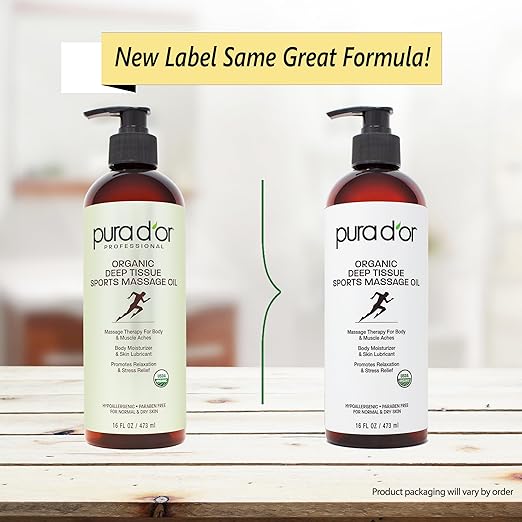 PURA D'OR 16 Oz Organic Deep Tissue Sports Massage - Jojoba, Sunflower, Almond, Grapefruit & Eucalyptus Oils - Alleviate Muscle Soreness