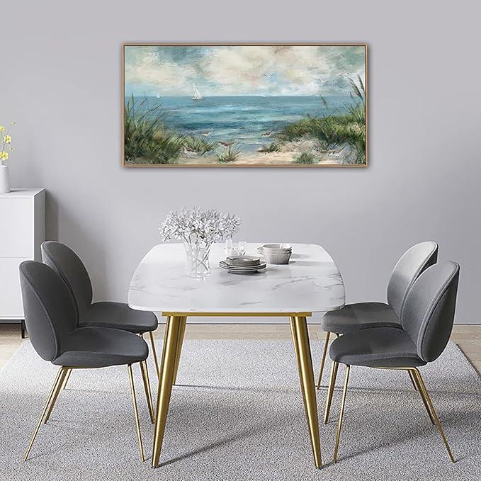 Sea Beach Vintage Seascape Canvas Prints Wall Decor Ocean Sailboat Seagull Beach Bird Reed Canvas Painting Artwork Living Room Bedroom Decoration Natural Framed