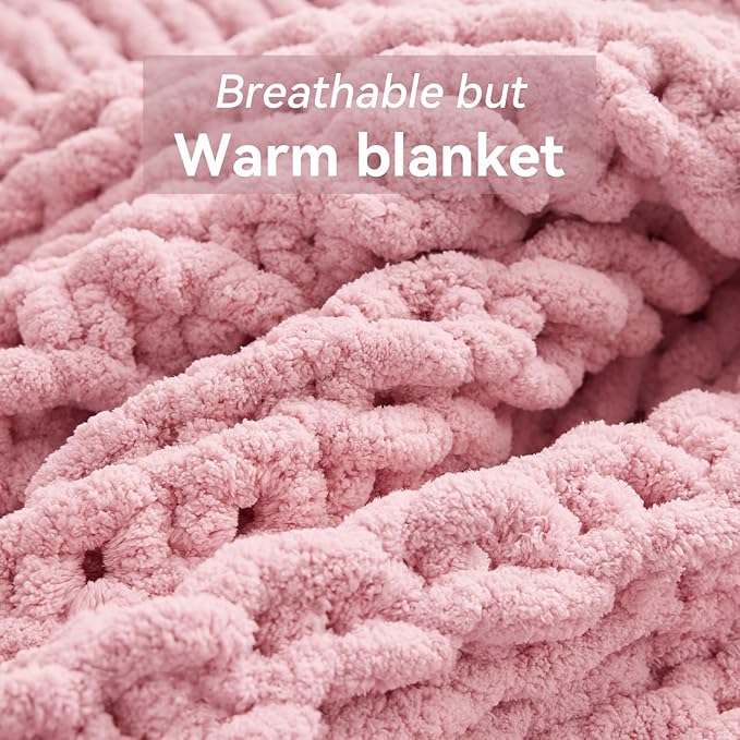 Chunky Knit Throw Blanket, 60''*80'' Knitted Throw Chenille Yarn for Bed Couch, Handmade Light Pink Crochet Big Thick Blanket, Machine Washable Cute Comfy Blanket for Home Decor