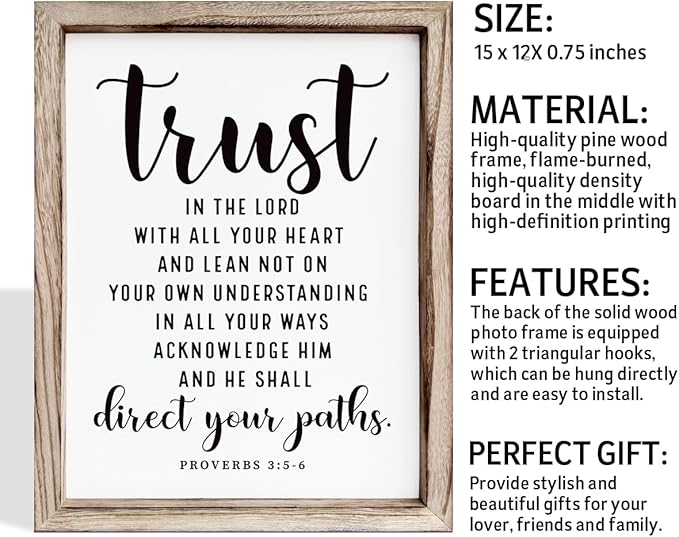 Christian Wall Signs, Rustic Home Decor, Church Room Decoration, Proverbs 3:5-6 Sign, Framed Wall Plaque Sign 15 * 11.5 inches, Trust in the Lord with All Thine Heart