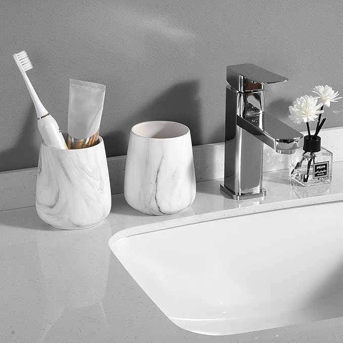 2Pcs Toothbrush Holder for Bathroom - Marble White Ceramic Tooth Brushing Holders Set, Toothbrush Cup & Toothpaste Organizer for Bathroom Countertop, Makeup Brush Holder, Pen Holder for Home Storage