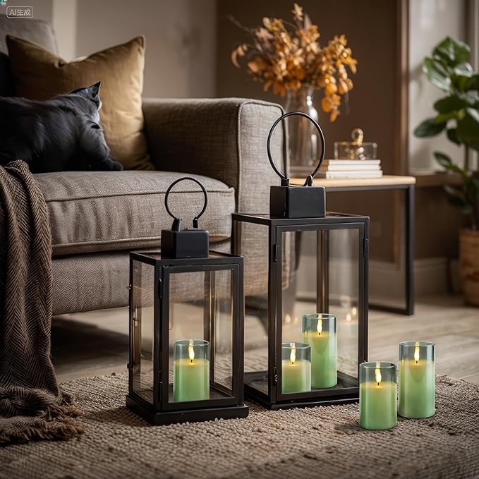 Homemory Green Glass Flameless Candles, Battery Operated LED Pillar Candles with Remote Control and Timer, Radiance Candles, Real Wax, Set of 3,D3 xH4 5" 6"