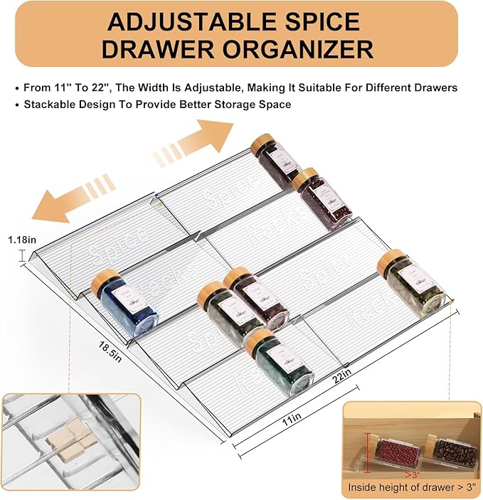 24 Spice Jars with Spice Drawer Organizer, 355 Spice Labels, 4 Pack Expandable From 11'' to 21'' Acrylic Spice Rack for Drawer, Seasoning Containers Storage Organization for Kitchen Cabinet Countertop