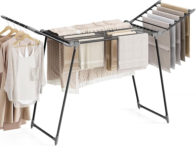 APEXCHASER Clothes Drying Rack Foldable, Large Drying Rack Clothing, Winged Laundry Rack Folding Indoor Outdoor, Metal Clothes Airer for Bedding Towel Sweater Heavy Duty, 68.9" X 23.6" X 41.3", Black