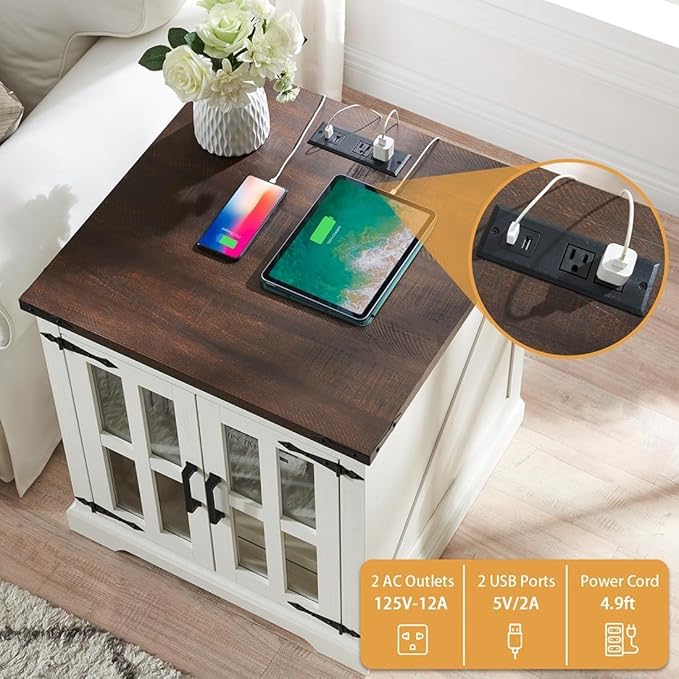 Farmhouse End Table with Charging Station,24" Large Sofa Side Table with Glass Barn Door, Rustic Wood Nightstand Bedside Table with Adjustable Storage Shelf for Living Room, Bedroom,White