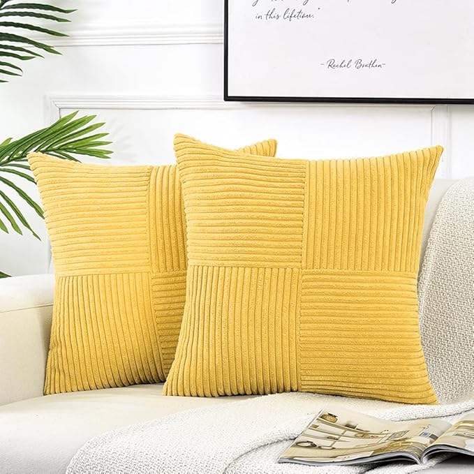 Fancy Homi 2 Packs Yellow Decorative Throw Pillow Covers 22x22 Inch for Living Room Couch Bed Sofa, Rustic Farmhouse Boho Home Decor, Soft Corss Corduroy Patchwork Accent Square Cushion Case 55x55 cm