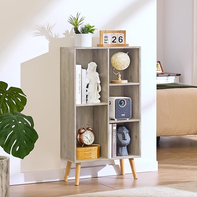 5 Cube Small Bookshelf - 3 Tier Mid-Century Modern Rustic Grey