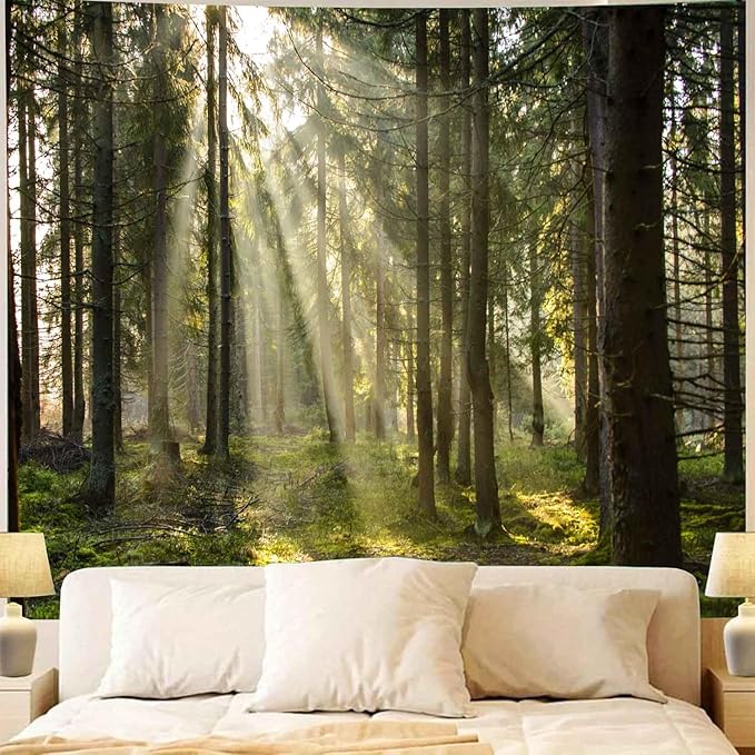 Onivein Forest Tapestry Nature Sunlight Streaming Through Green Trees Wall Hanging for Bedroom Living Room Office Decor 60 x 50 Inches