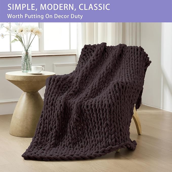 Bigacogo Chunky Knit Throw Blanket for Couch, 51x63 inches, 100% Hand Knitted with Thick Jumbo Chenille Yarn, Cozy Soft Large Rope Knot Cable Crochet Blankets for Sofa Bed Living Room, Chocolate