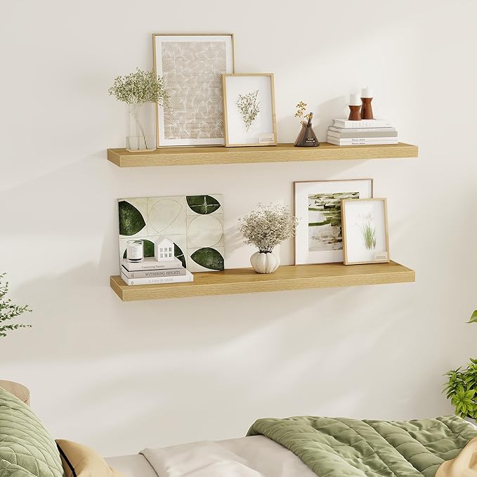Floating Shelves Wall Shelf 48 Inch, 9.3 Inch Deep Floating Shelf for Wall, Farmhouse Black Wood Shelves Invisible Bracket for Living Room, Bedroom, Kitchen, 48 x 9.3 x 1.4 Inch, Set of 2, Oak Color