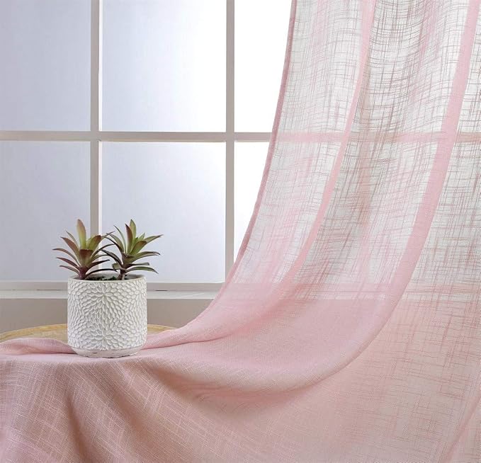 MIUCO Semi Sheer Curtains Poly Linen Textured Solid Grommet Curtains 63 Inches Long for Living Room 2 Panels (2 x 37 Wide x 63" Long) Pink