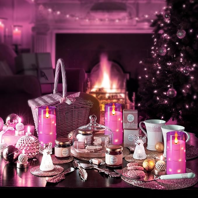 NURADA Flickering Flameless Candles: Built-in Star String Lights 3D Wick Acrylic Battery Operated LED Pillar Candles with Remote and Timer for Table Wedding Centerpieces Party 3 Pack Purple
