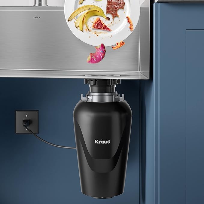 KRAUS WasteGuard 3/4 HP Ultra-Quiet Garbage Disposal with Quick Connect, Kitchen Sink Drain Cover, Power Cord and Flange Included, KWD100-75MBL