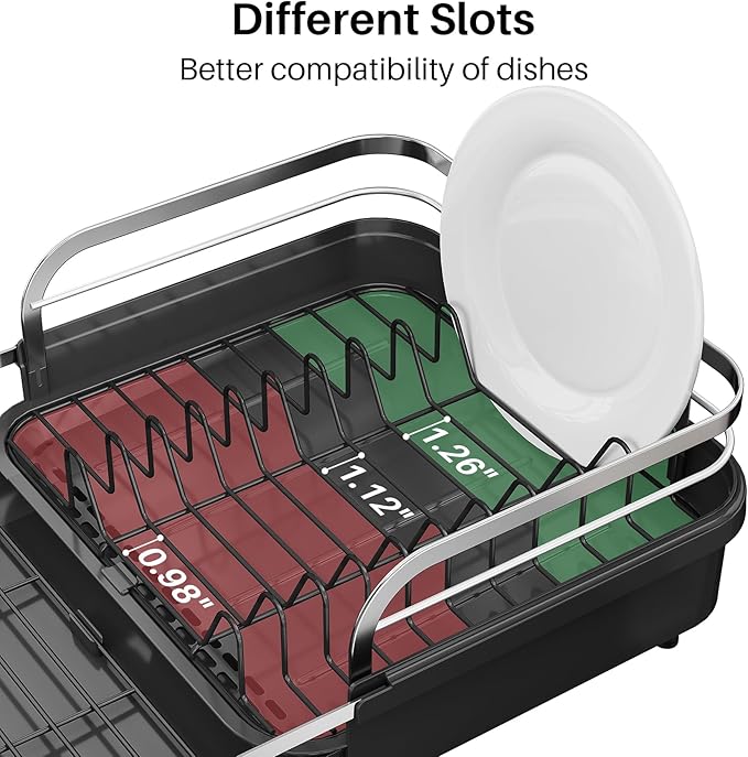 Dish Drying Rack, Expandable Dish Rack for Kitchen Counter, Stainless Steel Dish Drainer with Drainboard Set and Utensil Holder (Black)