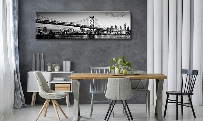 DJSYLIFE- Philadelphia Skyline Wall Art,Black and White Stretched Canvas Wall Art Prints for Bedroom or Office Decoration, Ready to Hang 13.8"x47.3"