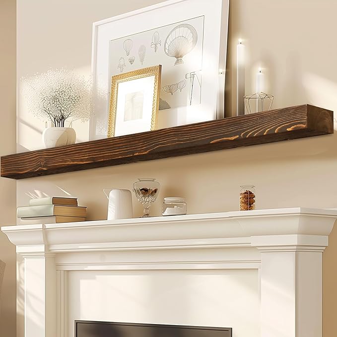 72x8x3 Fireplace Mantel - Solid Rustic Wood - Wall Mounted Floating Shelf with Invisible Heavy Duty Steel Bracket (Weathered Brown)
