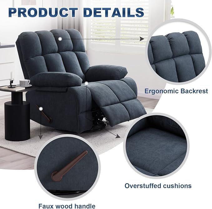 Oversized Recliner Chair, 360° Swivel Rocker Recliner for Big Man, Extra Wide Manual Recliner, Overstuffed Soft Rocking Sofa Chair, Overstuffed Soft Rocking Sofa Chair for Living Room(Grey)