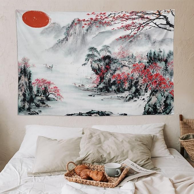 Cherry Blossoms Tapestry,Japanese Red Landscape Asian Watercolor Abstract Art Tapestry, Asian Japanese Wall Tapestry, Nature Landscape Tapestries for Bedroom Living Room Decor 90"x60"