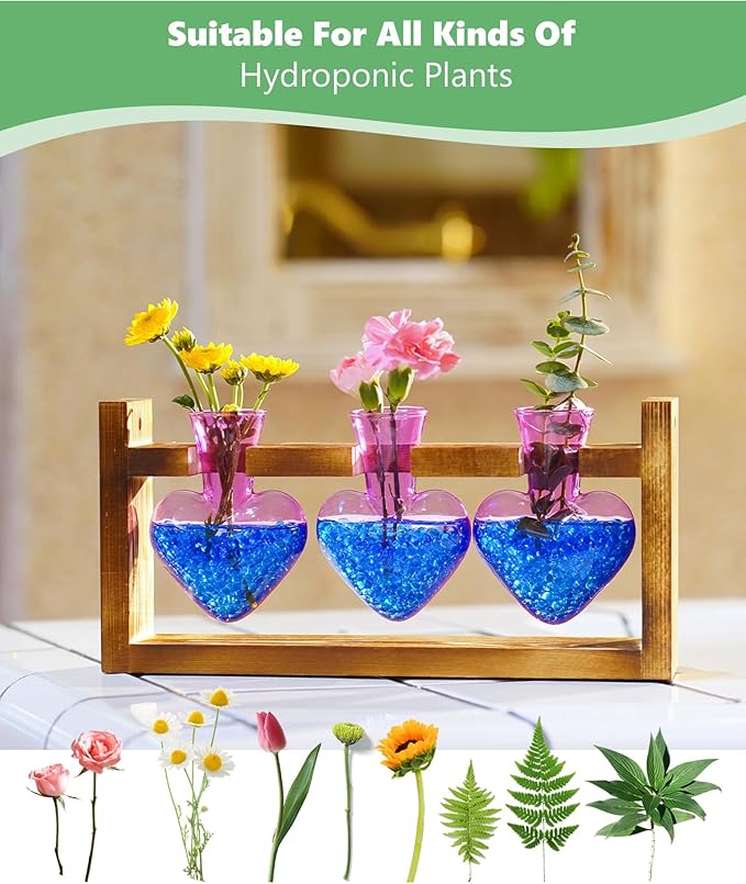 Nacome Plant Terrarium for Office Decor: Birthday Gifts for Plant Lovers Women Mom Wife - Wooden Stand Tabletop Planter 3 Bulb Glass Vase Heart Shaped for Hydroponics Indoor Home(Purple)
