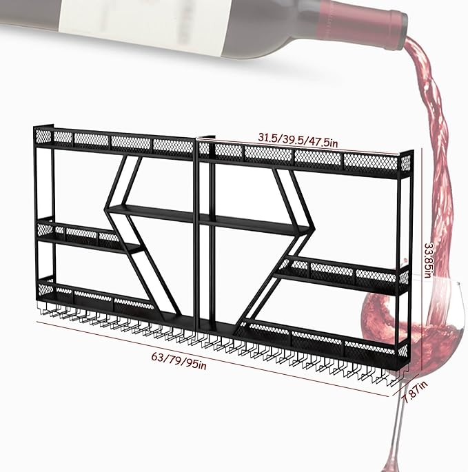 Wall Mounted Wine Rack with Glass Holder, 3-Tier Metal Storage Shelf, Black Diamond Design, Wine Bottle Display with Stemware Storage (Black, 39.37in/Right)