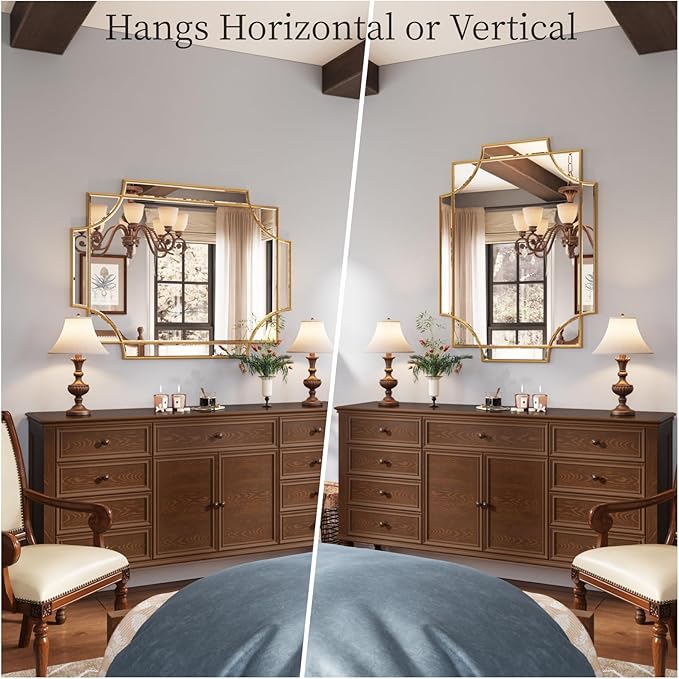 Kelly Miller Large Gold Decorative Mirror for Wall, 30"x40" Gold Bathroom Mirror Vanity Wall Mirror Rectangle Mirror Beveled for Master Bath Half Bath Living Room Bedroom Farmhouse Fireplace Hallway