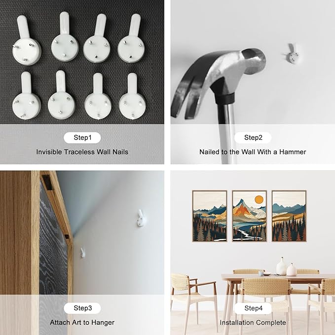 HLNIUC Large Sunset Mountain Framed Wall Art,Boho Forest Pine Tree Canvas Wall Decor Set of 3(16”X24”) Blue and Orange Landscape Art Print,Colorful Mountain Lake Wall Painting for Living Room,Bedroom