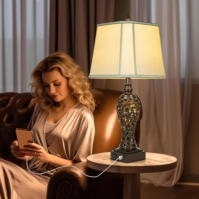 28.5" high Vintage Brown Table Lamps Set of 2 - Bedside Lamp with Faux Silk Shades - for Bedroom and Living Room with USB and Nightlight - Perfect for Nightstands and Bedrooms (Bulb Included)