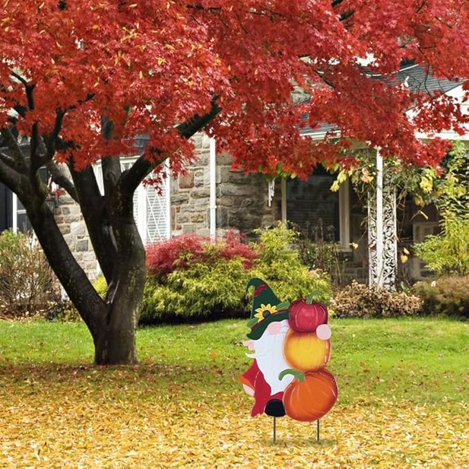 YEAHOME Fall Decorations Outdoor, Metal Gnome with Pumpkin Decorative Garden Stakes for Fall Decor, Autumn Yard Signs for Home Outside Garden Lawn Porch, Thanksgiving Decorations Outdoor (YHMD-476)