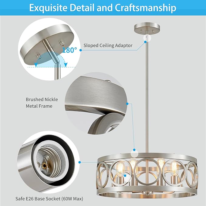 XINGQI 6-Light Modern Farmhouse Chandelier Brushed Nickel, 21.7'' Drum Ceiling Light Fixture for Living Dining Room Over Table with Round Metal Shade Pendant Lighting