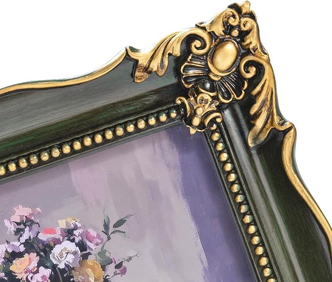 8x10 Vintage Picture Frame with Embossed Flower Design, Green Ornate Frame for 8x10 or 5x7 Pictures with White Mat, Hand-Crafted Resin Antique Frames for Tabletop & Wall Hanging, Home Decor (Green )