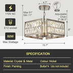 12” 4-Light Modern Crystal Chandeliers Nickel Dinning Room Light Fixture, Square Pendant Light Kitchen Island Chandelier, Flush Mount Ceiling Light for Living Room Entryway Bedroom Foyer