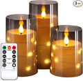 NURADA Flickering Flameless Candles: Built-in Star String Lights Unbreakable 3D Wick Acrylic Battery Operated LED Pillar Candles with Remote and Timer for Romantic Mood Home Decoration - 3 Pack Gray