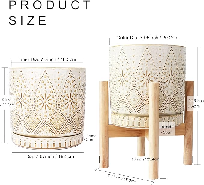 8 Inch Plant Pot with Stand, Ceramic Planter with Drainage Holes, Saucers and Mesh Pads for Indoor-Outdoor Plants