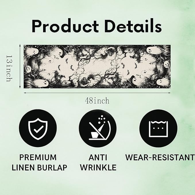 GPGHE Halloween Table Runner Black Ghost Holiday Burlap Table Decoration Indoor Outdoor Home Decor Party Supply 13 x 48 Inch