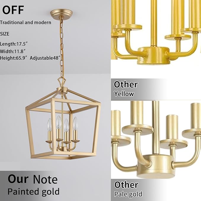 AMZASA Gold Lantern Chandelier Hanging Pendant Light Fixture 4-Lights for Kitchen Island Dining Room Hallway Entryway Foyer UL Listed