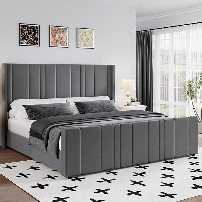 King Size Bed Frame and Headboard, Modern Velvet Upholstered Bed Frame with Vertical Channel Tufted Headboard & Footboard, Soft Bed Frame King, Noise Free, No Box Spring Needed, Easy Assembly, Grey