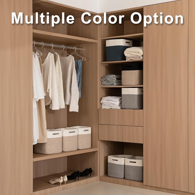 OIAHOMY Cube Storage Basket, 3-Pack Woven Cotton Rope Baskets, 11-Inch Cube Basket with Handles, Great for Shelves, Closets, Children's Toy Organization - White & Brown