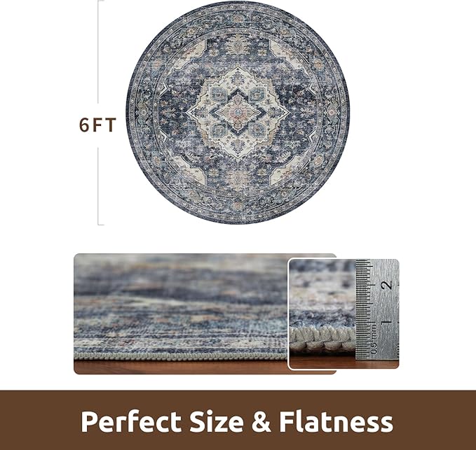 AMOAMI-6FT Round Rug-Rugs for Living Room-Vintage Soft Blue Rugs for Bedroom-Non Slip Circle Rug-Machine Washable Rug for Dining Room Living Room Bedroom Office Under Table
