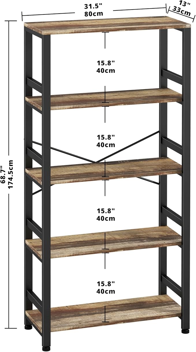 IRONCK Bookshelves and Bookcases, 31.5in Wide Shelf 5-Tier Ladder Shelf 110lbs/shelf Vintage Industrial Style Bookcase for Bedroom Living Room Home, Rustics Brown