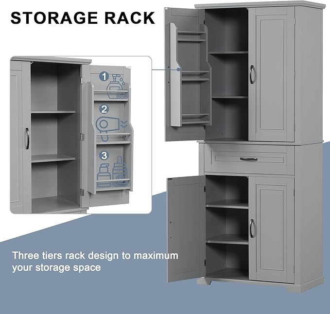 72.2" Tall Storage Cabinet with 4 Doors and Drawer, Freestanding Linen Cabinet, Wooden Pantry with Adjustable Shelf for Kitchen, Bathroom, Living Room, Grey