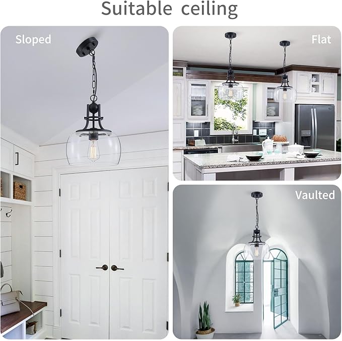 WUZUPS Chandelier Rustic Farmhouse Industrial Round Ceiling Pendant LED Light Fixture with Clear Glass Shades for Dining Room Kitchen Island Foyer Entryway, H 13" x W 10", E26 Base, Black