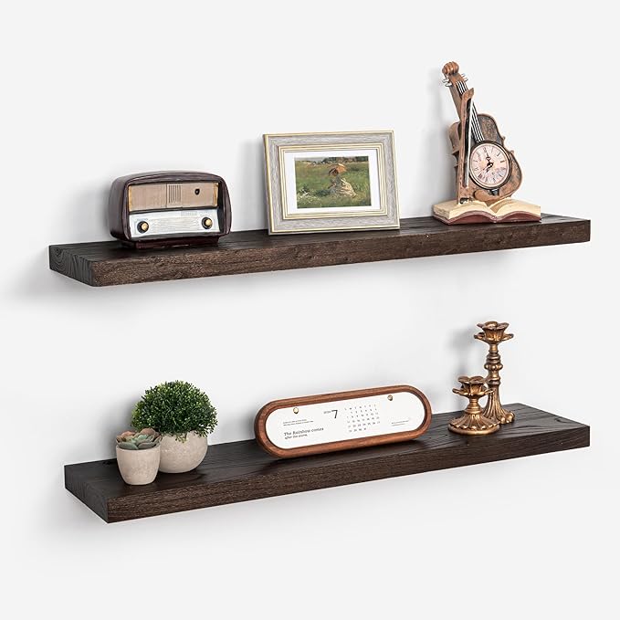Axeman Floating Shelves for Wall - 32''W x 8'' D Rustic Solid Elm Wood Shelves for Storage, Wall Mounted Display Shelving with Invisible Heavy-Duty Metal Bracket (Walnut, 2PCs)