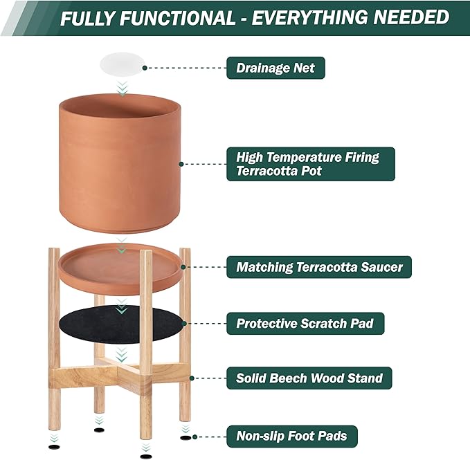 D'vine Dev Terracotta Planter with Natural Stand - 8 Inch Modern Round Flower Pot with Wood Planter Holder, Terracotta, 55-B-N-5