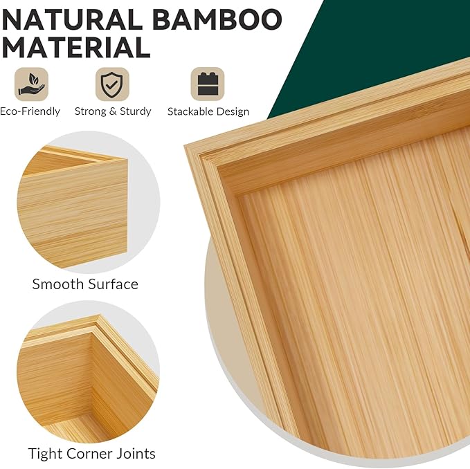 Bamboo Drawer Organizer for Kitchen & Bath, Extra Large Stackable Tray for Silverware, Toiletries & Utensils, 2 Pcs, 17" x 6" x 2" (Outer), 16.3" x 5.3" x 1.77" (Inner)