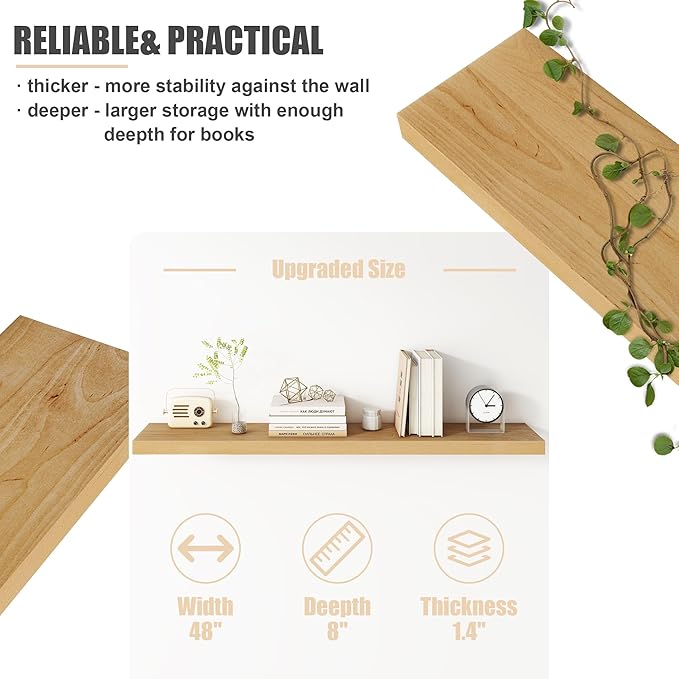 Floating Shelves for Wall, USA-Sourced Brich Wood 48 Inch Long Wall Shelves, Natural Wooden Mounted Picture Ledge Shelf, Nursery Book Storage Shelf Kids Bookshelf, Display Shelf for Bathroom