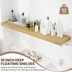 Fun Memories 55 Inch Fireplace Mentel Shelf, 10 Inch Deep Shelves for Display & Wall Storage, Rustic Wood Wall Shelf, Extra Long Floating Shelves for Living Room Laundry Room, Oak, Set of 1