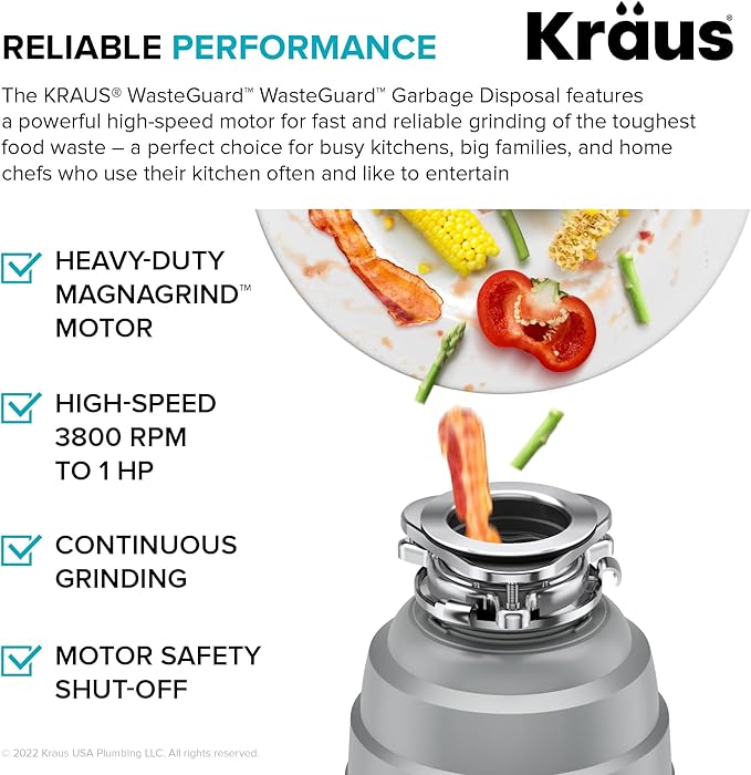 KRAUS WasteGuard High-Speed 1 HP Continuous Feed Ultra-Quiet Motor Garbage Disposal with Power Cord and Flange Included and Universal Mount, KWD200-100MGR