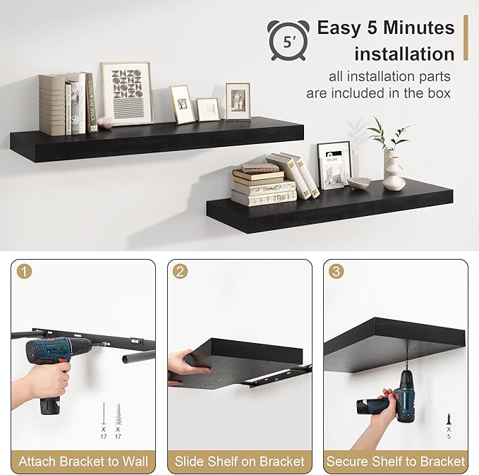 Heimlove Black Bathroom Shelves Floating Shelves for Wall Shelf Over Toilet Long Wall Mounted Modern Farmhouse,48 x 12 Shelves with Invisible Brackets for Living Room, Kitchen, Bedroom
