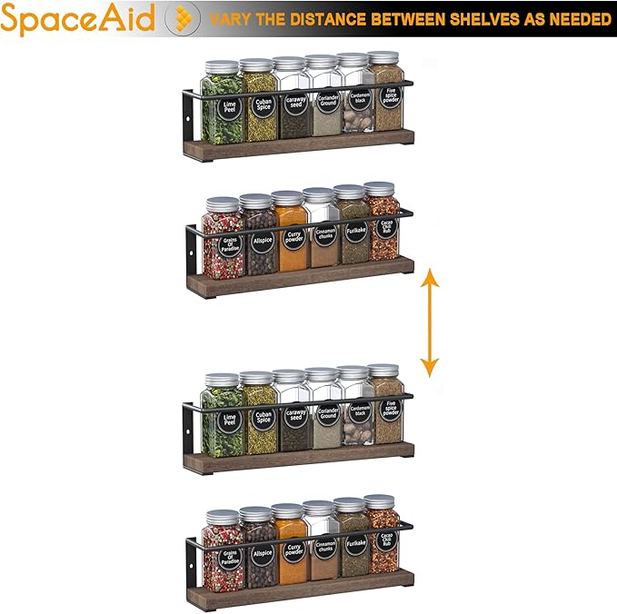 SpaceAid Spice Rack with 24 Spice Jars, 386 Spice Labels, Chalk Marker and Funnel, Wood Hanging Seasoning Shelf for Cabinet Door or Wall Mount (4 Pack)